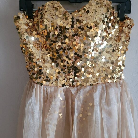 Gold Sequin Strapless Sweetheart Neckline Evening Gown With Sheer Flowing Skirt - Picture 2 of 5